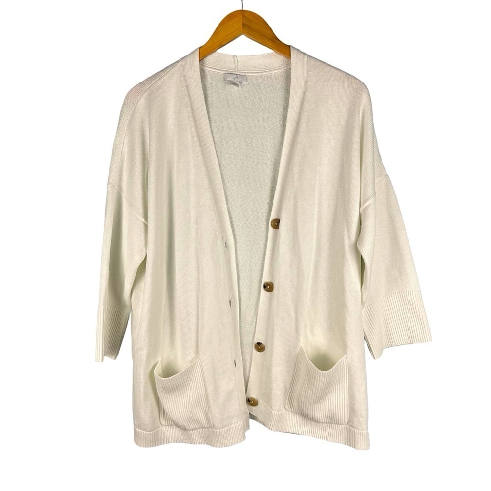 J. Jill Women's Size L White Button Up Cardigan Sweater Pockets 3/4 Sleeve